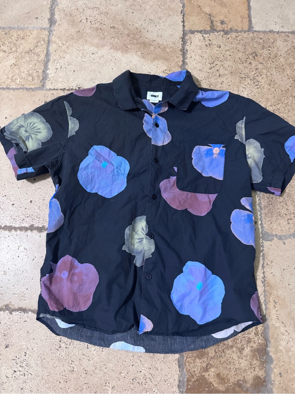 Obey Men's SS Organic Woven Button Down Shirt Floral Blue L